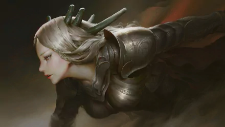 HD anime-style original artwork featuring a focused female warrior in detailed dark armor, set against a smoky, atmospheric background, designed as a PC desktop wallpaper.
