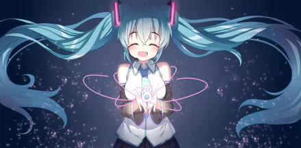 HD anime desktop wallpaper featuring Hatsune Miku, the iconic Vocaloid, smiling with glowing digital effects surrounding her hands against a starry background.