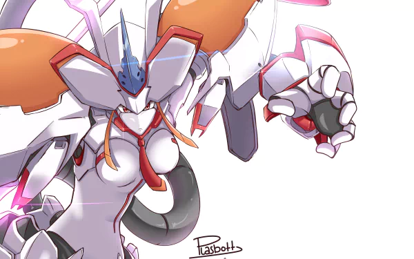 Anime character Strelizia from Darling in the FranXX depicted with red eyes and robotic features, rendered in vibrant 4K Ultra HD, capturing a dynamic pose.
