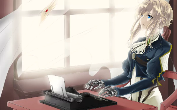 Anime character Violet Evergarden, in uniform with long blonde hair and blue eyes, typing on a typewriter. A letter floats near a window. HD desktop wallpaper.
