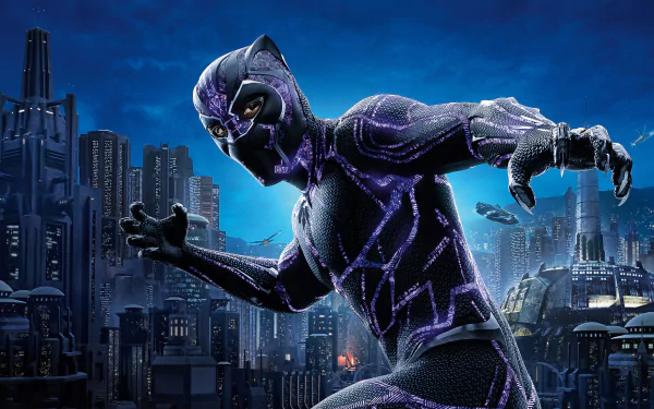 HD wallpaper featuring Black Panther from the Marvel Comics and movie, poised in a dynamic action stance against a futuristic cityscape background at night.