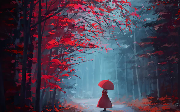 HD desktop wallpaper featuring Hina Kagiyama from Touhou, dressed in a red dress and holding an umbrella, set against a mystical red-leafed forest backdrop.