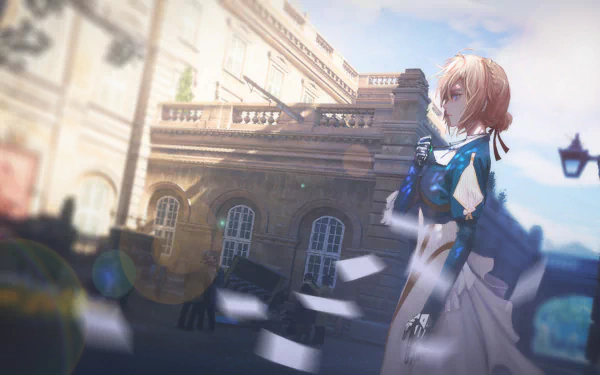 A serene scene featuring Violet Evergarden, a blonde character with blue eyes, standing amidst falling letters in front of a historic building, illuminated by a soft sunbeam.