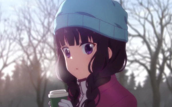 Close-up of Maika Sakuranomiya from Blend S with purple eyes and hair in braids, wearing a hat and glove, holding a cup in a sunbeam-dappled forest setting.