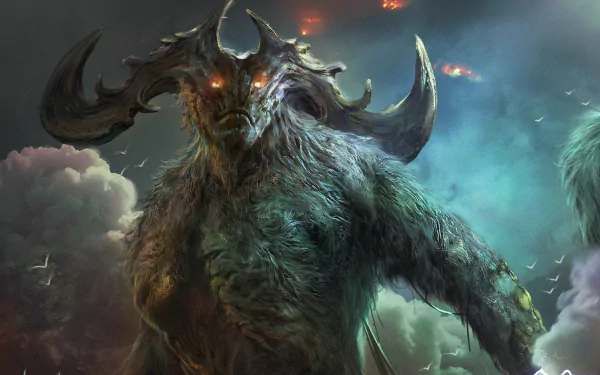 HD fantasy wallpaper featuring a ferocious creature with glowing eyes, large horns, and a muscular body, against a dramatic sky background.