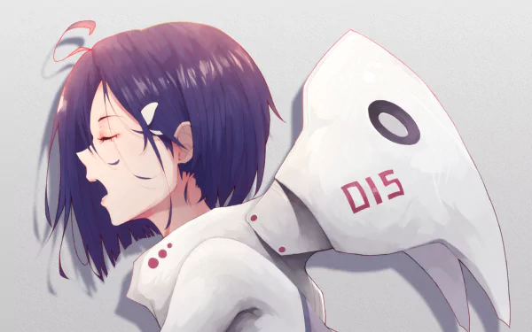 Anime character Ichigo from Darling in the FranXX with short blue hair and wearing a white suit, featured on a high-definition desktop wallpaper background.
