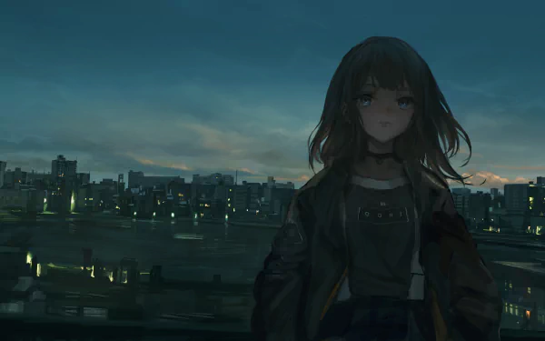 HD anime wallpaper featuring an original character standing against a city skyline at dusk.