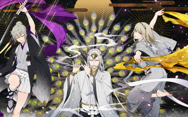 Anime original HD PC wallpaper: three long-haired figures in Japanese clothes — center white-haired with flute and peacock halo, flanked by smiling grey-haired katana wielders; yellow and grey eyes.