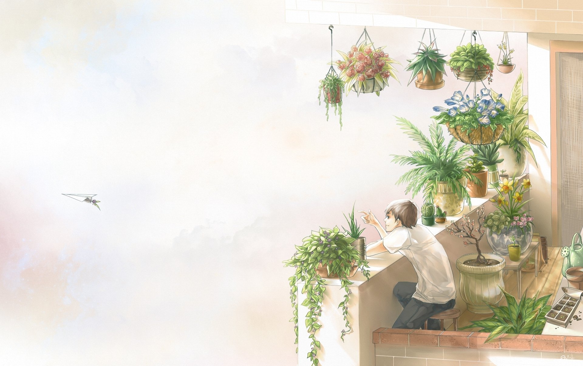 Anime-style HD desktop wallpaper of a smiling brown-haired character on a balcony, launching a paper plane surrounded by lush hanging plants and greenery.
