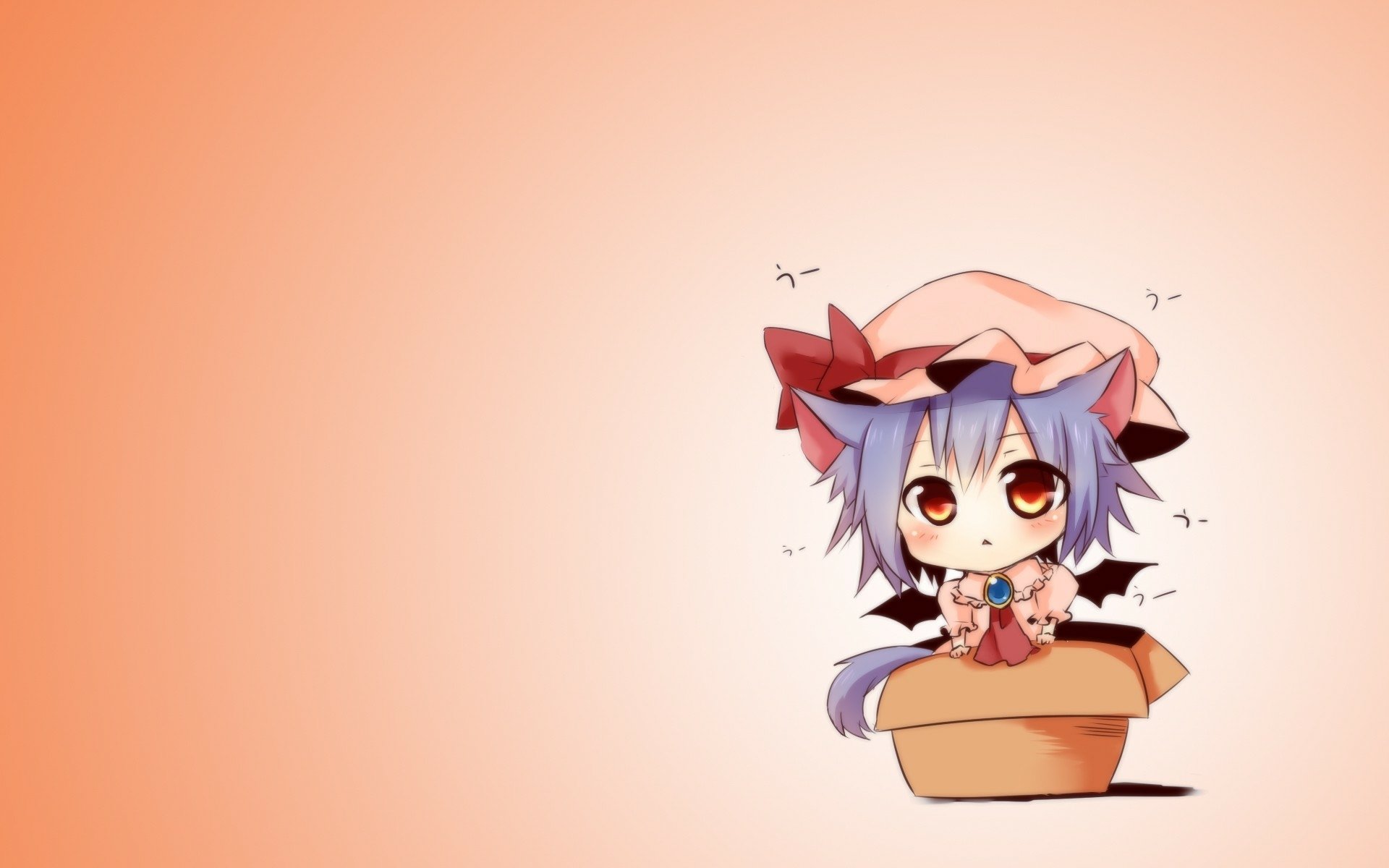 HD anime desktop wallpaper featuring a chibi Remilia Scarlet from Touhou, sitting playfully in a box against a soft peach background.