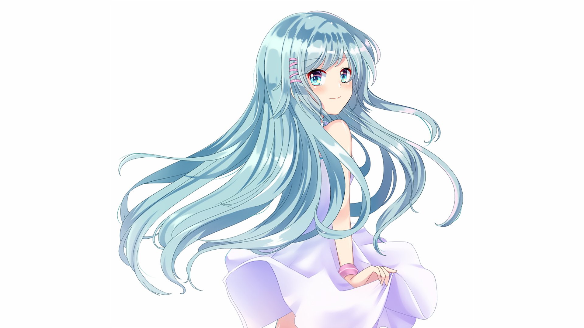 HD anime-style original artwork of a girl with long flowing blue hair and a white dress, designed as a PC desktop wallpaper and background.