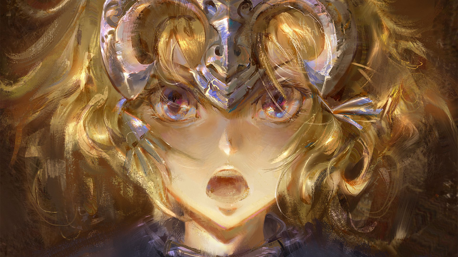 HD desktop wallpaper featuring Jeanne d'Arc from the Fate series. She has short blonde hair, blue eyes, and is depicted as the Ruler from Fate/Grand Order in an anime style.