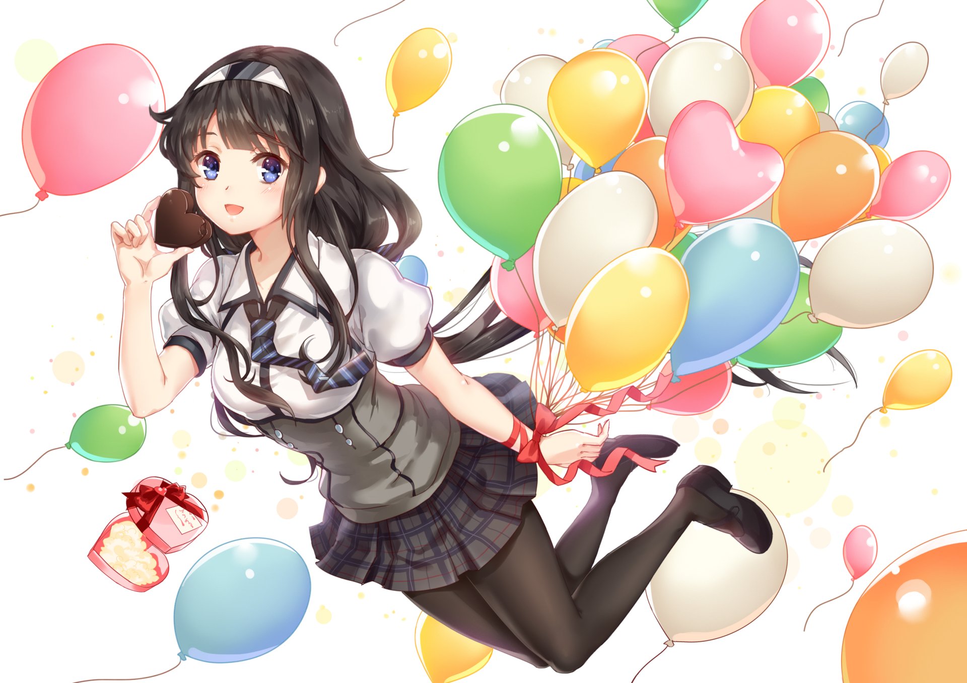 HD anime-style original artwork featuring a girl with dark hair in a school uniform holding colorful balloons, designed as a vibrant PC desktop wallpaper background.