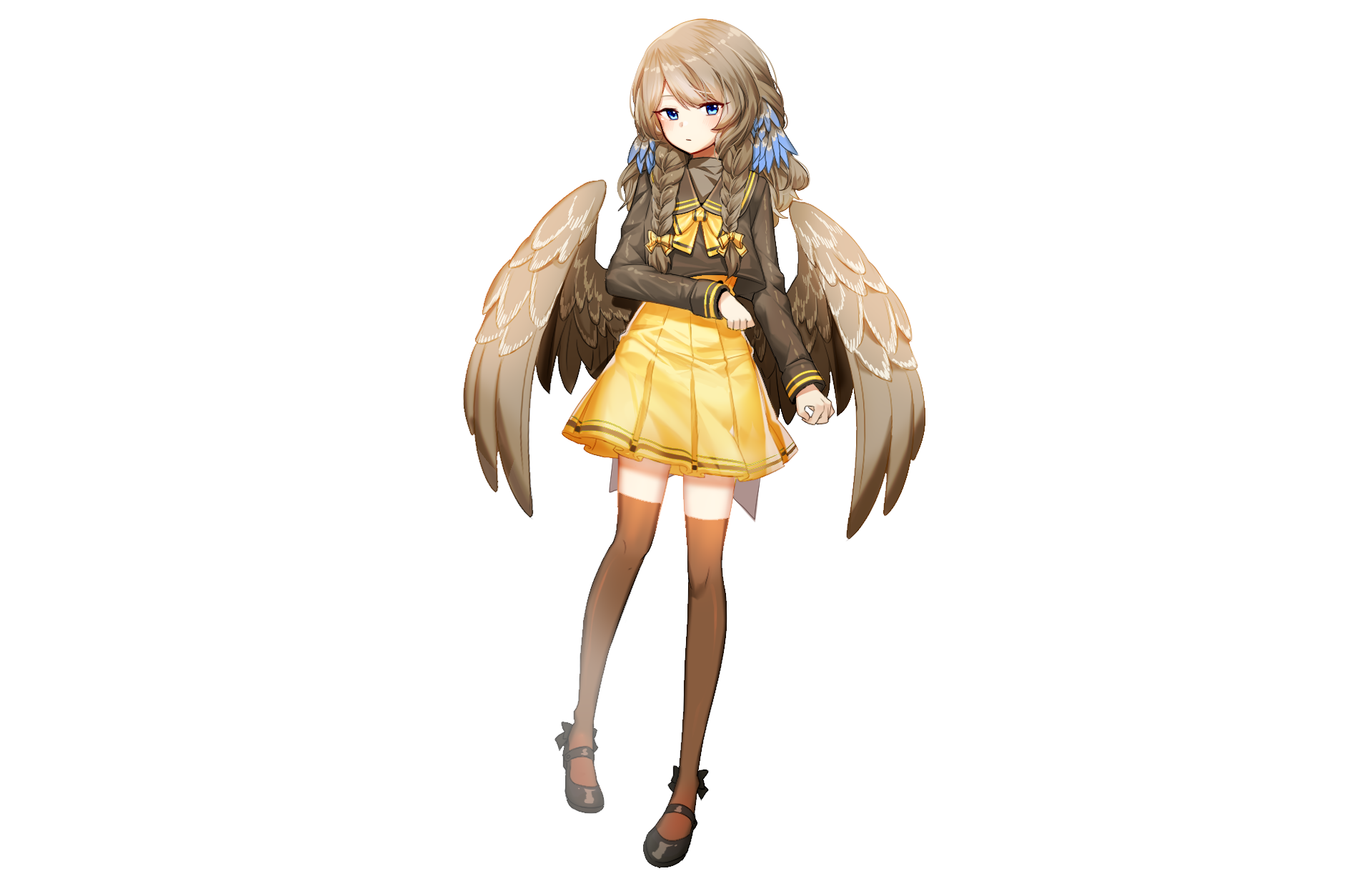 Anime-style original character with long blonde hair, wearing a yellow skirt and brown jacket, depicted in HD for a PC desktop wallpaper background.