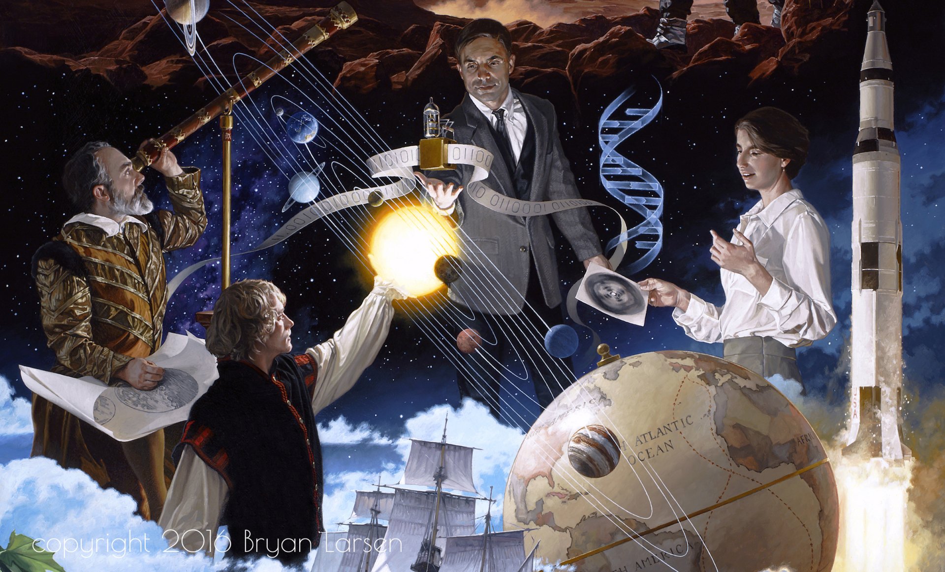 Artistic HD desktop wallpaper blending historical scientists, space exploration, and DNA imagery, highlighting the fusion of technology and discovery.