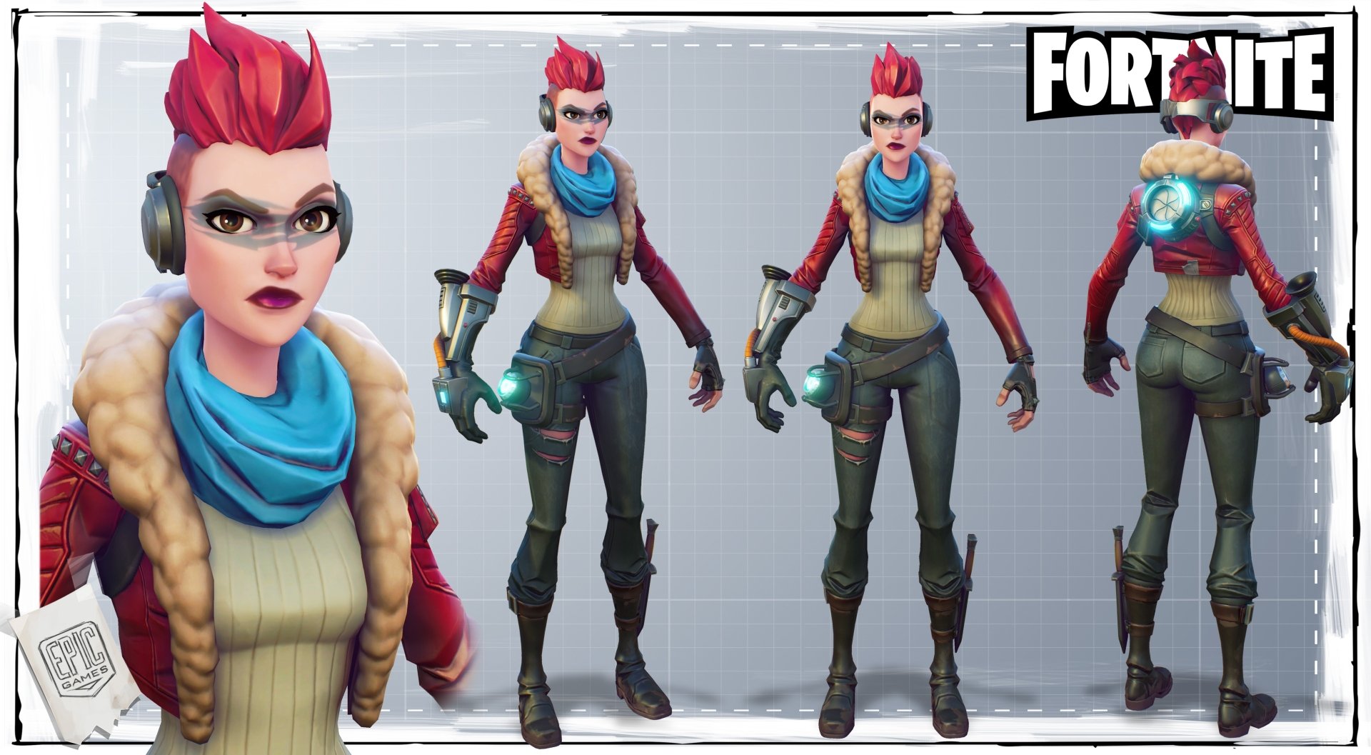 4K Ultra HD Fortnite PC desktop wallpaper featuring a detailed character model with red hair, headphones, and a futuristic outfit in multiple poses.