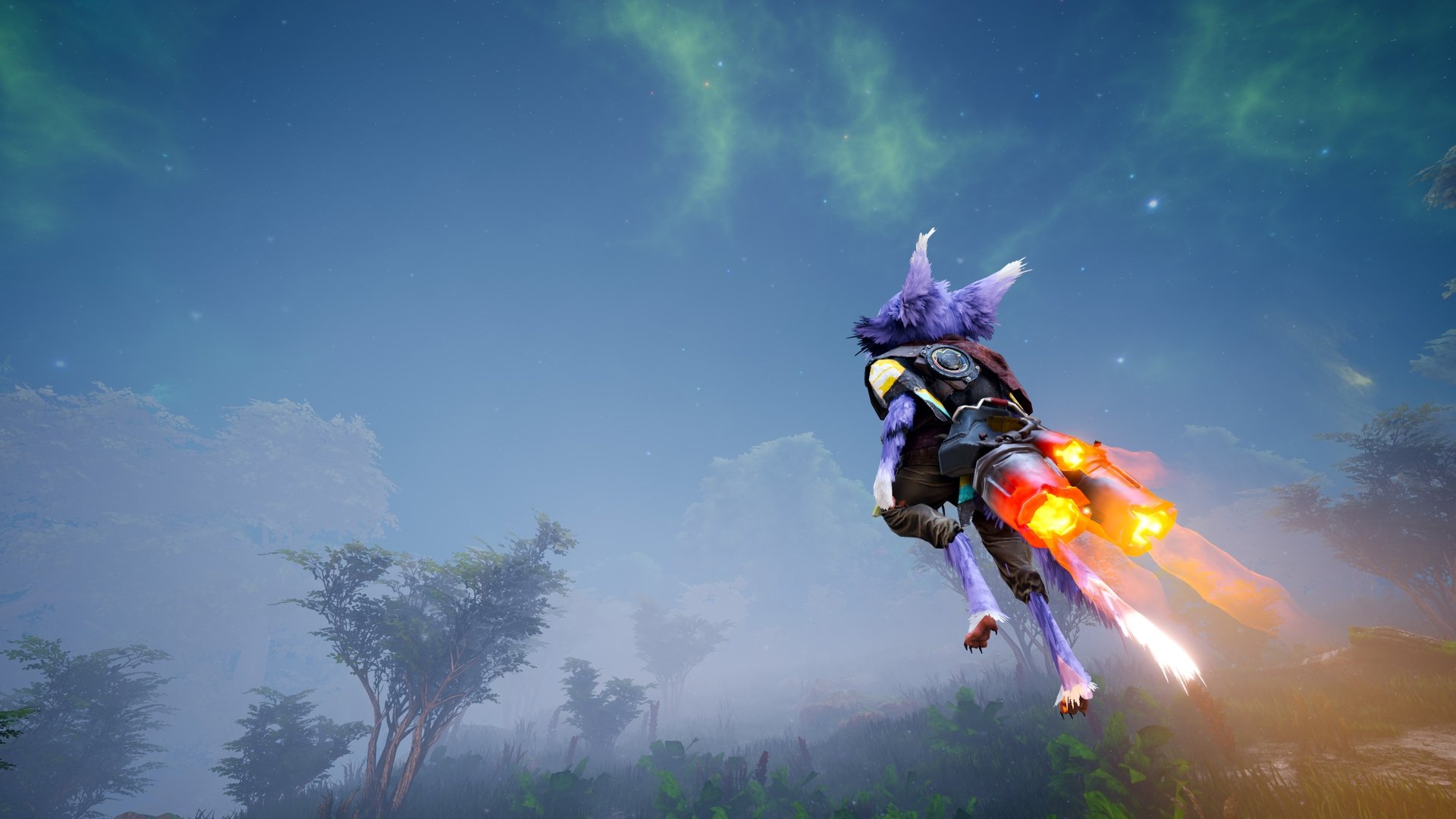 Video game Biomutant 4K Ultra HD PC wallpaper: a jetpack-equipped mutant soars above a foggy forest beneath swirling green aurora skies.