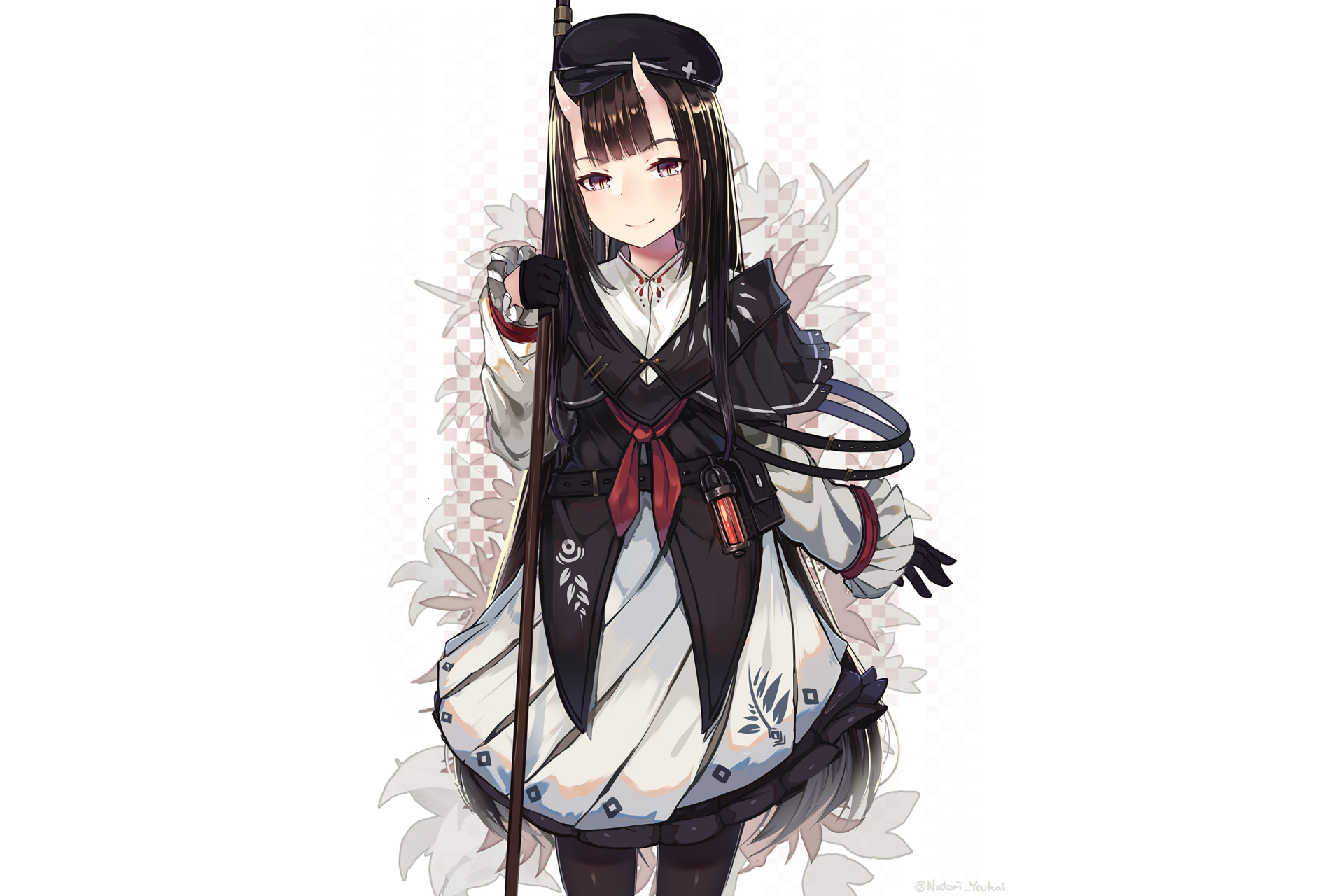 Anime-style original character with long black hair and horns, dressed in a detailed black and white outfit, featured in HD PC desktop wallpaper and background.