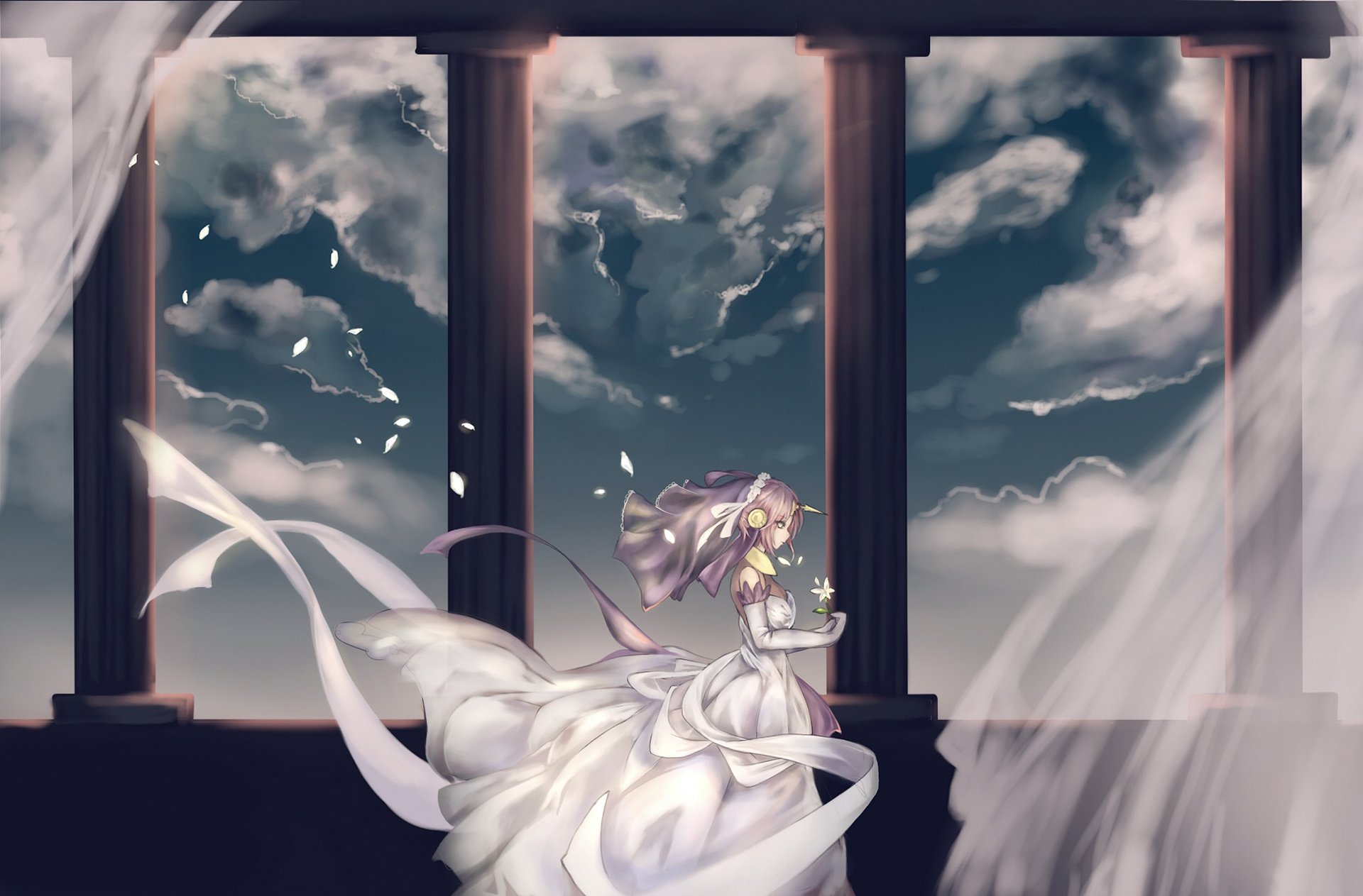 Frankenstein from Fate/Apocrypha in an anime-style HD desktop wallpaper, featuring a flowing white dress against a cloudy sky viewed through grand pillars.
