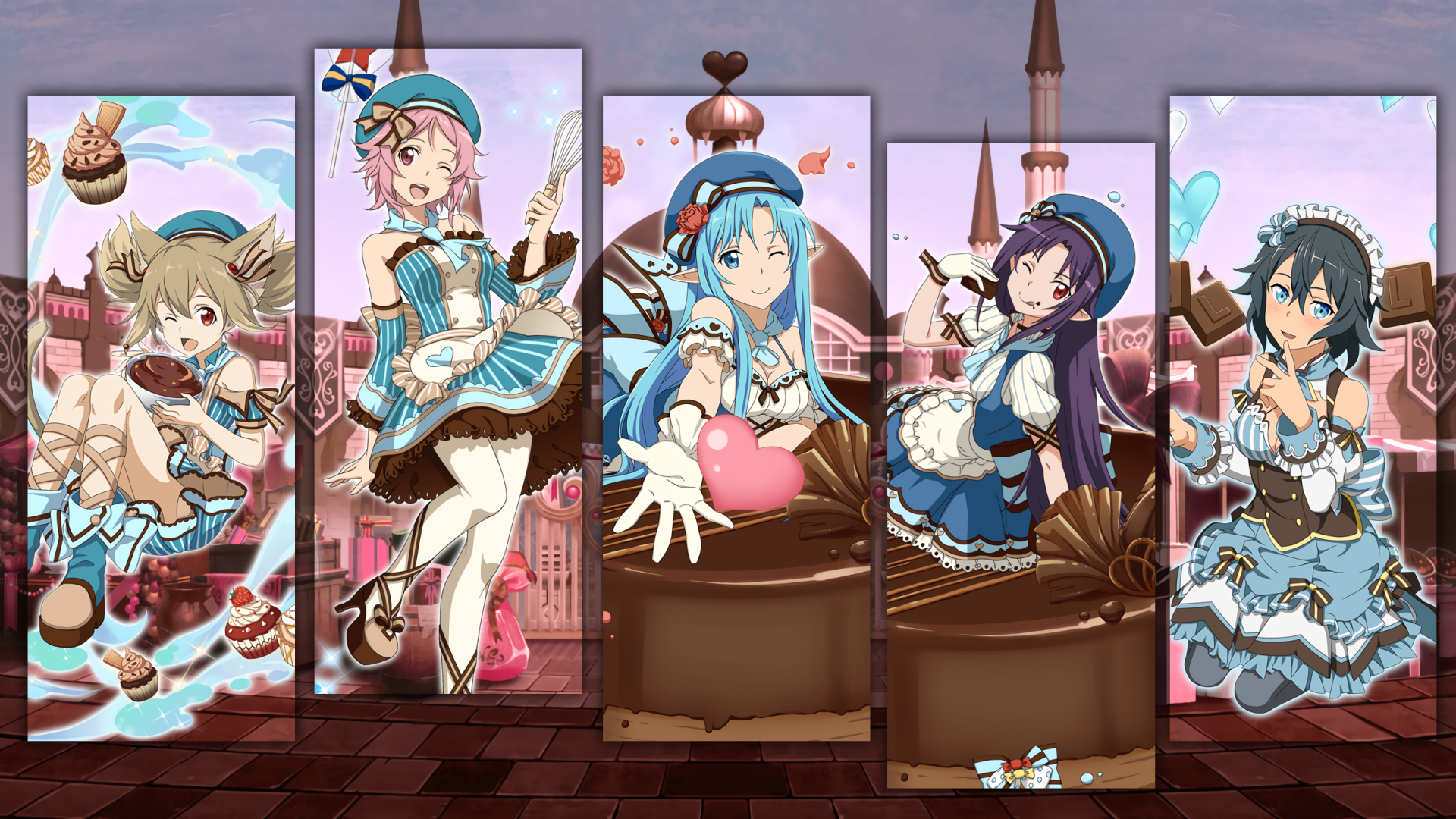 HD PC desktop wallpaper featuring anime characters from Sword Art Online: Memory Defrag in Valentine's Day-themed outfits with heart and chocolate motifs.