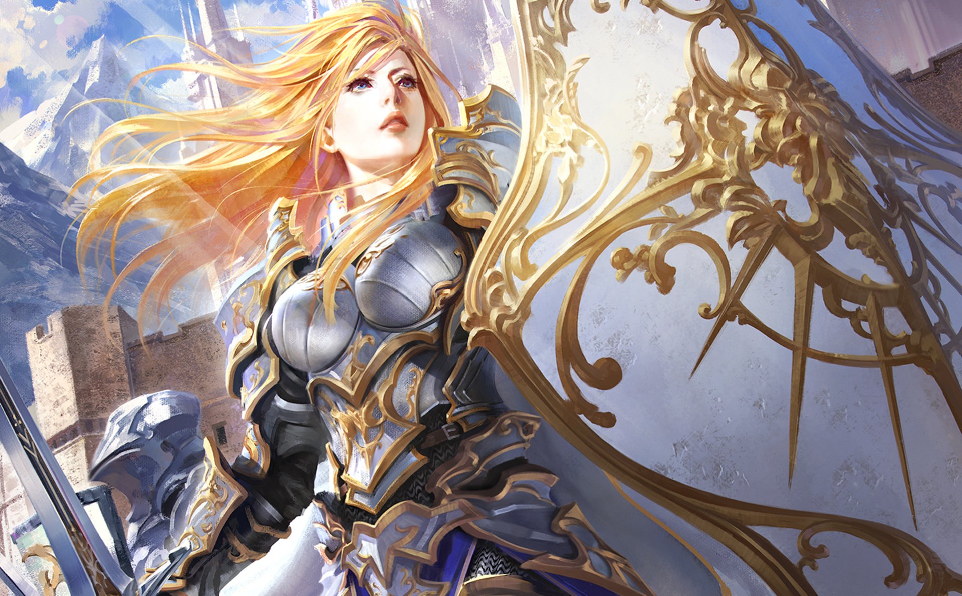 HD desktop wallpaper featuring a blonde woman warrior with long hair and blue eyes, clad in detailed armor and holding an ornate shield. From the video game Legend Of The Cryptids.