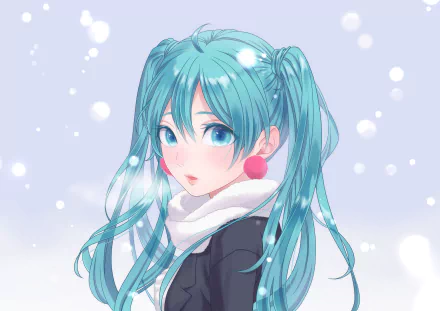 An HD desktop wallpaper featuring Hatsune Miku with aqua twintails and eyes, blushing with a surprised expression. She is wearing a white scarf and large red earrings, surrounded by soft white light spots.