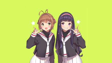 HD PC desktop wallpaper of Cardcaptor Sakura anime: Sakura Kinomoto and Tomoyo Daidouji in school uniforms posing cheerfully against a lime green background.