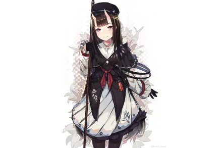 Anime-style original character with long black hair and horns, dressed in a detailed black and white outfit, featured in HD PC desktop wallpaper and background.