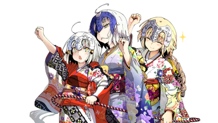 HD desktop wallpaper featuring Jeanne d'Arc Alter and Jeanne d'Arc from Fate/Grand Order anime. The characters are dressed in colorful kimonos, depicted in an animated, dynamic pose.