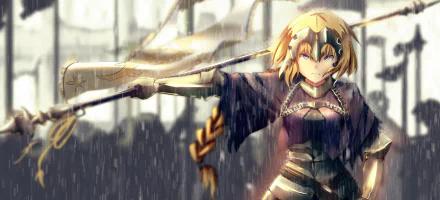 Jeanne d'Arc from Fate/Apocrypha with long blonde hair and purple eyes, clad in armor, holding a flag in the rain, depicted in an anime-style HD desktop wallpaper.