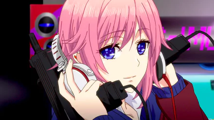 HD desktop wallpaper featuring Matsuri Mizusawa from Citrus anime, showcasing pink hair and blue eyes while wearing headphones.