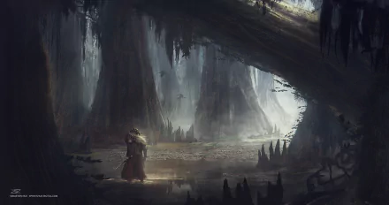 A lone fantasy warrior stands in a misty, dark forest illuminated by a beam of light, creating a dramatic and atmospheric HD PC desktop wallpaper.