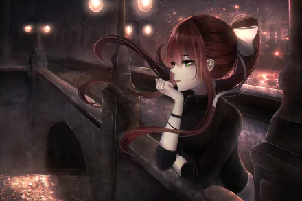 HD desktop wallpaper of Monika from Doki Doki Literature Club!, featuring her contemplatively leaning on a bridge railing at night in a dark, atmospheric setting.