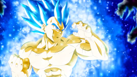 HD desktop wallpaper featuring Vegeta from Dragon Ball Super, showcasing his blue hair transformation amid a vibrant, glowing background.