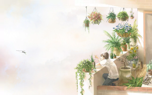 Anime-style HD desktop wallpaper of a smiling brown-haired character on a balcony, launching a paper plane surrounded by lush hanging plants and greenery.