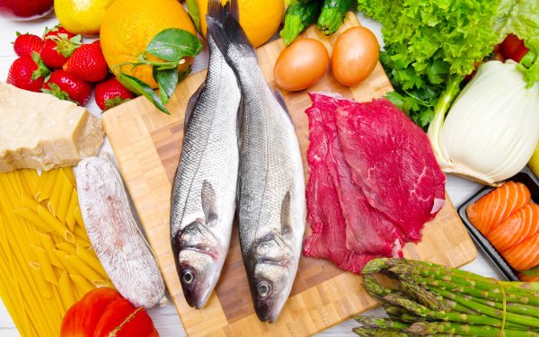 Food Still Life Fish Meat Vegetable Fruit Pasta Cheese Egg HD Wallpaper | Background Image