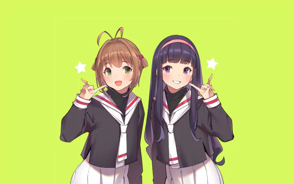 HD PC desktop wallpaper of Cardcaptor Sakura anime: Sakura Kinomoto and Tomoyo Daidouji in school uniforms posing cheerfully against a lime green background.