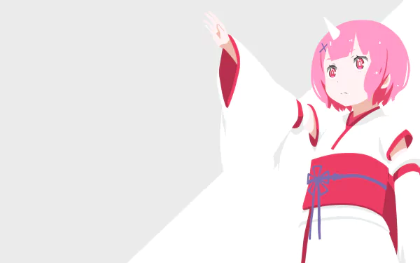 Minimalist HD desktop wallpaper of Ram, the oni character from the anime Re:Zero - Starting Life in Another World, raising her left hand. She wears traditional attire with a pink and white color scheme.