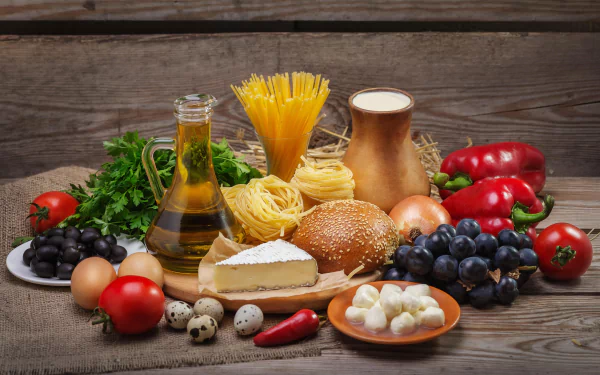 oil tomato grapes egg pasta cheese fruit food still life HD Desktop Wallpaper | Background Image