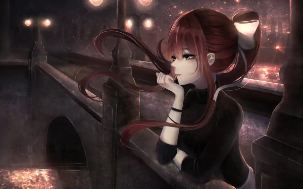 HD desktop wallpaper of Monika from Doki Doki Literature Club!, featuring her contemplatively leaning on a bridge railing at night in a dark, atmospheric setting.