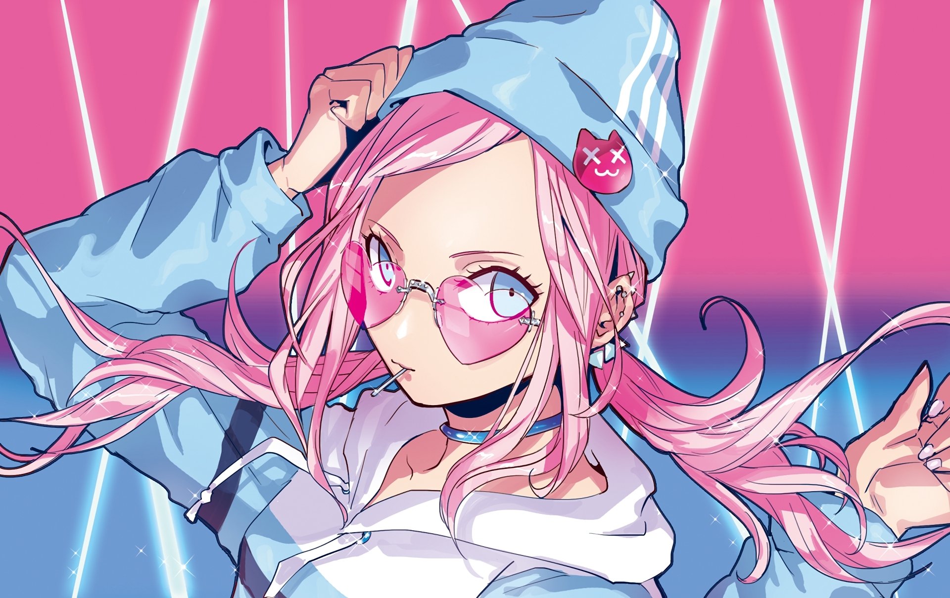 HD anime desktop wallpaper featuring a pink-haired anime girl wearing glasses, a light blue hoodie, and a beanie against a vibrant pink background with neon light effects.