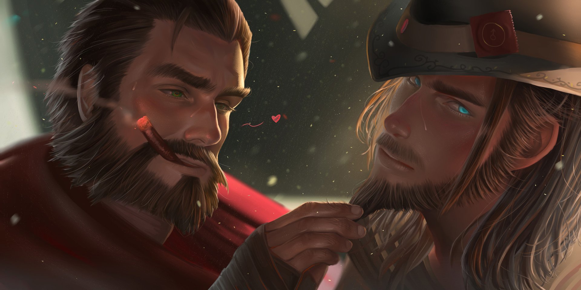 HD PC desktop wallpaper/background of League of Legends video game characters Twisted Fate and Graves in a cinematic close moment, one gently stroking the other's beard.