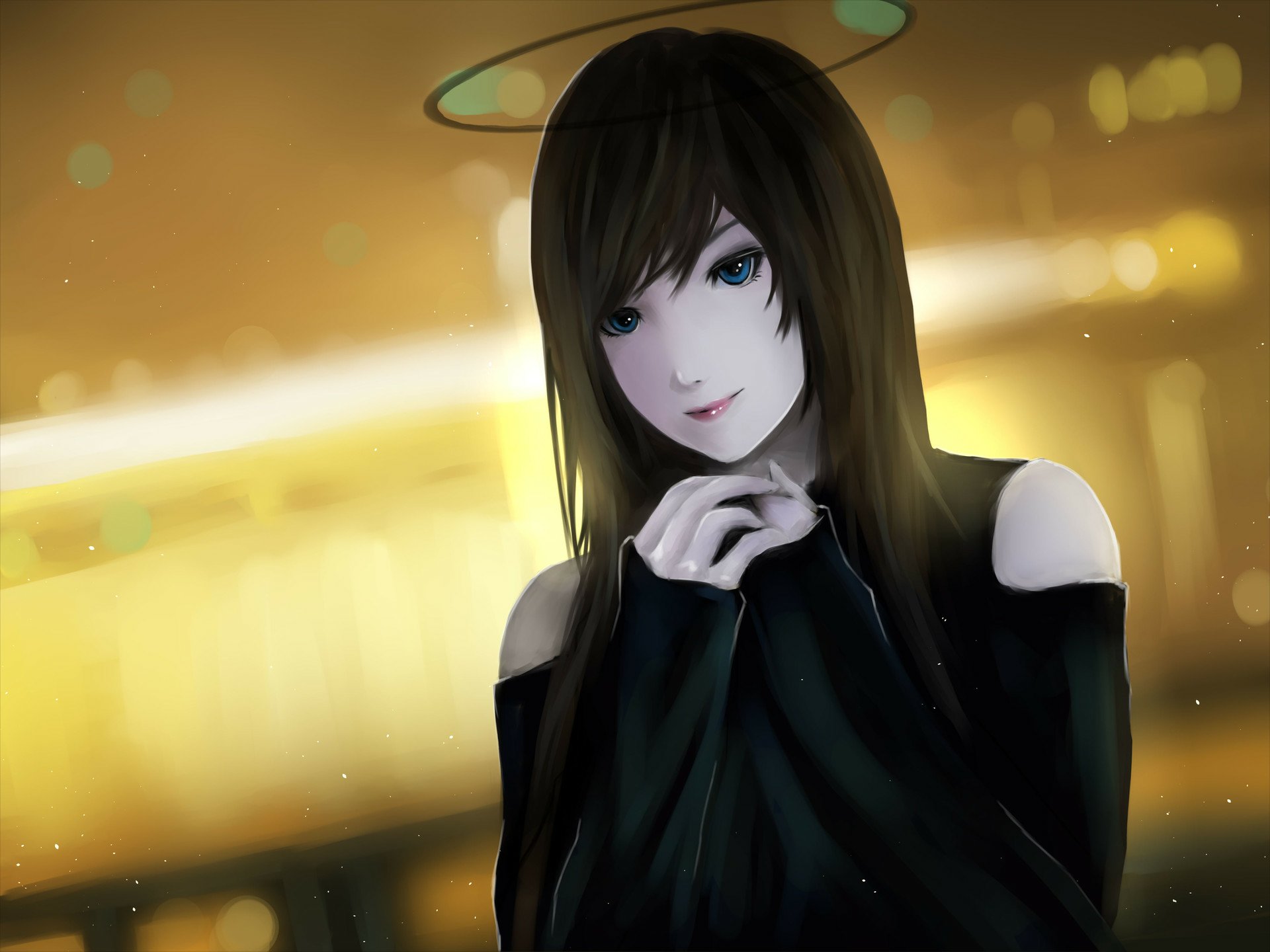 HD black-themed anime artwork featuring a contemplative character with dark hair and blue eyes, set against a softly glowing blurred background for a PC desktop wallpaper.