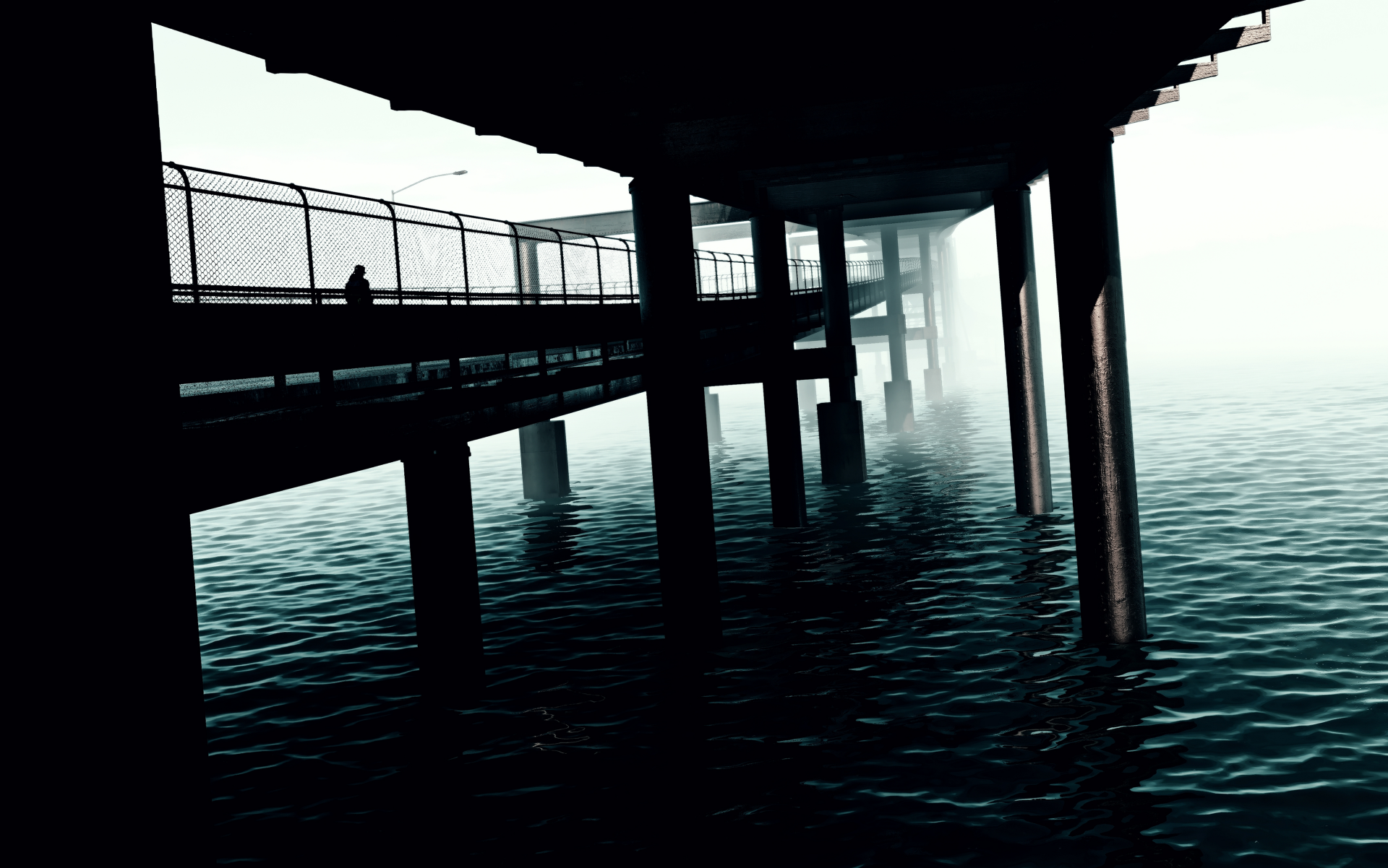 Watch Dogs 2 video game 4K Ultra HD PC desktop wallpaper: shadowed underside of a pier with mist drifting over dark, rippling water.
