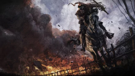 HD desktop wallpaper featuring an intense drawing from the video game Kingdom Come: Deliverance, depicting a warrior riding a horse through a chaotic battlefield with fire and smoke in the background.
