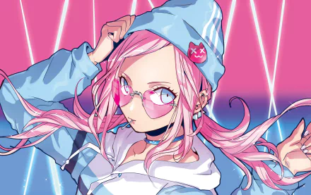HD anime desktop wallpaper featuring a pink-haired anime girl wearing glasses, a light blue hoodie, and a beanie against a vibrant pink background with neon light effects.