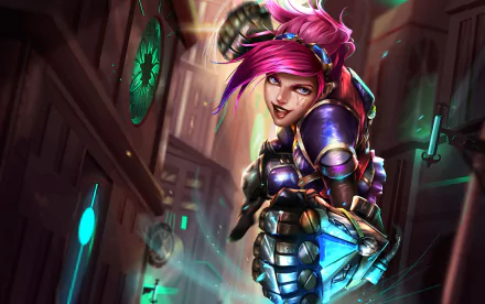 HD desktop wallpaper featuring Vi from League of Legends in Piltover, showcasing her armored look and vibrant pink hair in a dynamic action pose.