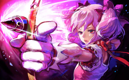 HD PC desktop wallpaper featuring Madoka Kaname from the anime Puella Magi Madoka Magica aiming a glowing bow and arrow with vibrant pink and purple tones.