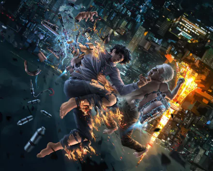 HD desktop wallpaper featuring Hiro Shishigami and Ichirou Inuyashiki from the anime Inuyashiki, showcasing them in an intense, action-packed scene against a city backdrop.