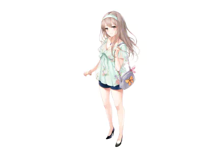 Anime-style original character with long hair, wearing casual summer clothes and a small purse, designed as an HD PC desktop wallpaper and background.